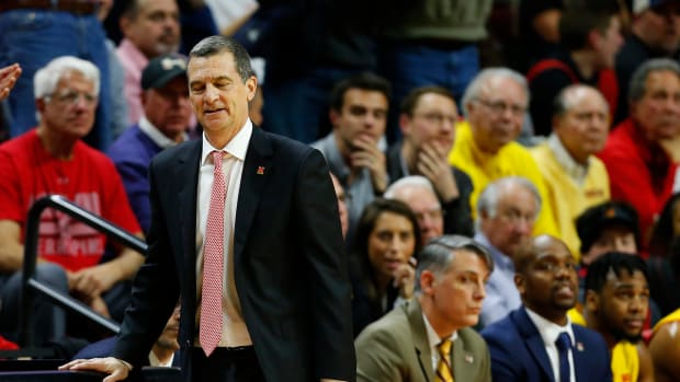 Mar 3, 2020; Piscataway, New Jersey, USA; Maryland Terrapins head coach Mark Turgeon reacts during the second half of play against the Rutgers Scarlet Knights at Rutgers Athletic Center (RAC). Mandatory Credit: Noah K. Murray-USA TODAY Sports